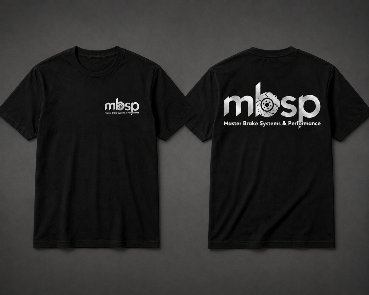Black short-sleeve t-shirt shown from both front and back on a dark gray background. The front has a small white 'mbsp' logo on the left chest, and the back has a large white 'mbsp' logo with a brake disc graphic and the words 'Master Brake Systems & Performance'.