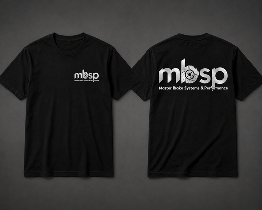 Black short-sleeve t-shirt shown from both front and back on a dark gray background. The front has a small white 'mbsp' logo on the left chest, and the back has a large white 'mbsp' logo with a brake disc graphic and the words 'Master Brake Systems & Performance'.